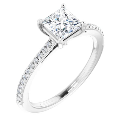 14K White Gold 1.15 CTW Princess Cut Solitaire Pavé Diamond Engagement Ring-diamondnetjewellery