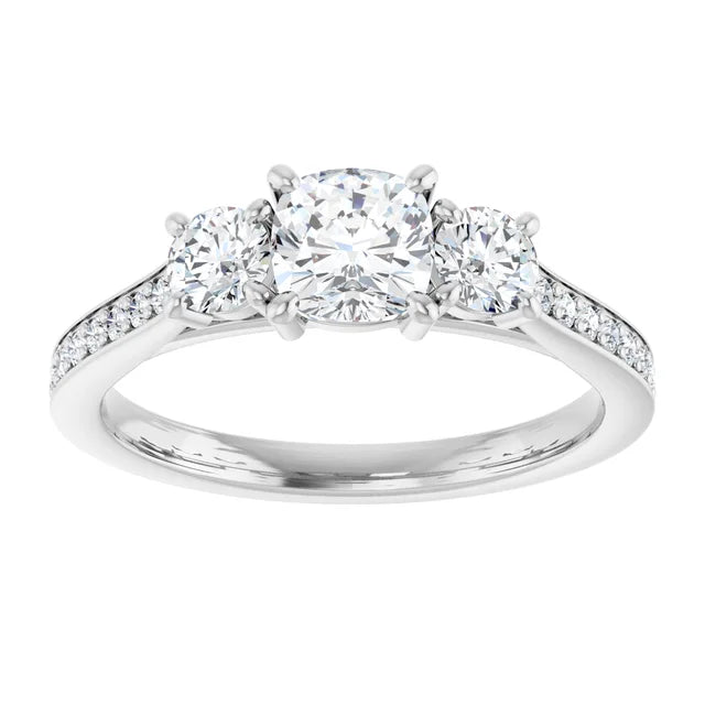 14K White Gold 1.16 CTW Cushion Three-Stone Pavé Diamond Engagement Ring