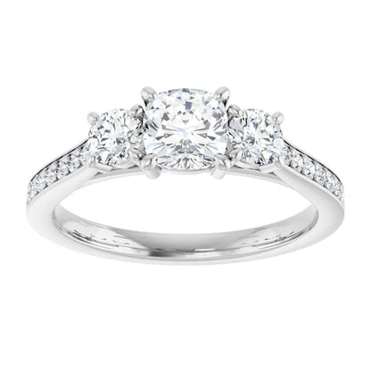 14K White Gold 1.16 CTW Cushion Three-Stone Pavé Diamond Engagement Ring