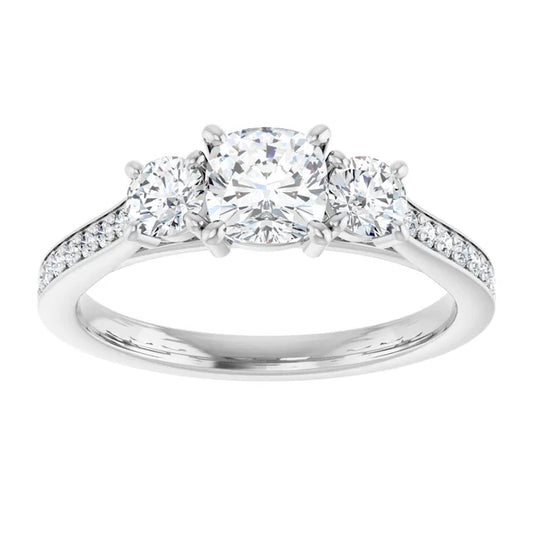 14K White Gold 1.16 CTW Cushion Three-Stone Pavé Diamond Engagement Ring