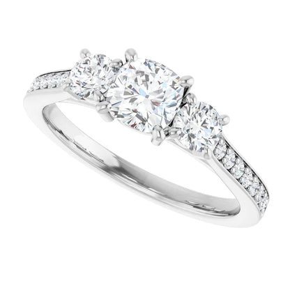 14K White Gold 1.16 CTW Cushion Three-Stone Pavé Diamond Engagement Ring