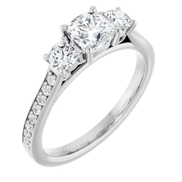 14K White Gold 1.16 CTW Cushion Three-Stone Pavé Diamond Engagement Ring