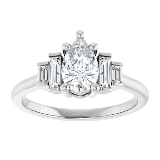 14K White Gold 0.88 CTW Pear Side-Baguette Diamond Engagement Ring