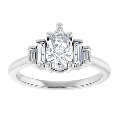 14K White Gold 0.88 CTW Pear Side-Baguette Diamond Engagement Ring
