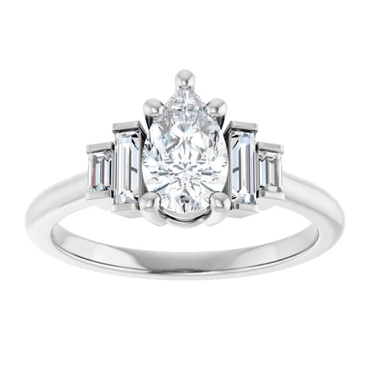 14K White Gold 0.88 CTW Pear Side-Baguette Diamond Engagement Ring
