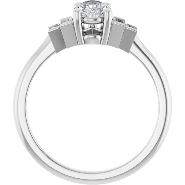 14K White Gold 0.88 CTW Pear Side-Baguette Diamond Engagement Ring