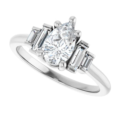 14K White Gold 0.88 CTW Pear Side-Baguette Diamond Engagement Ring