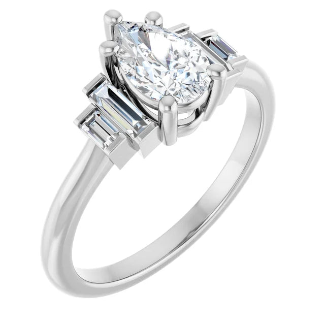 14K White Gold 0.88 CTW Pear Side-Baguette Diamond Engagement Ring
