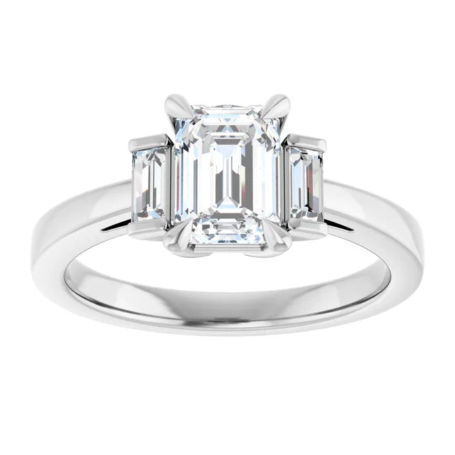 14K White Gold 1.20 CTW Emerald Three Stone Cathedral Lab Grown Diamond Engagement Ring