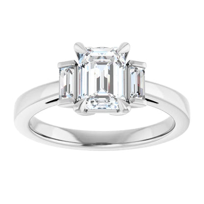 14K White Gold 1.20 CTW Emerald Three Stone Cathedral Lab Grown Diamond Engagement Ring