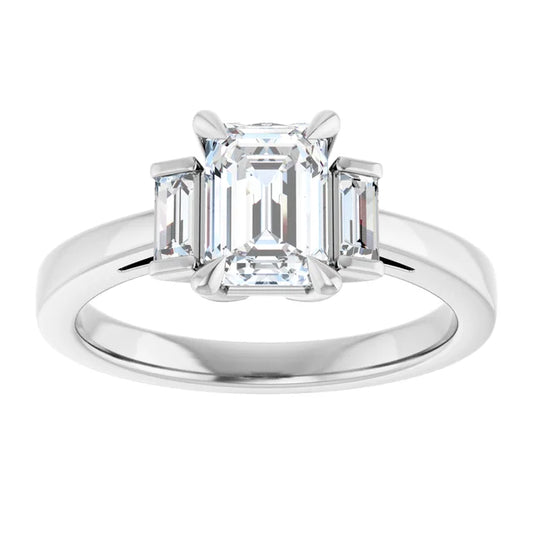 14K White Gold 1.20 CTW Emerald Three Stone Cathedral Lab Grown Diamond Engagement Ring