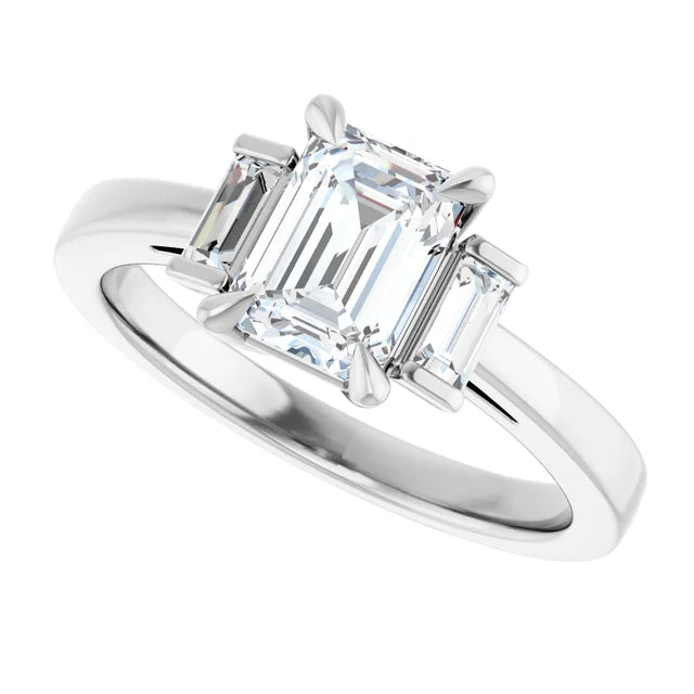 14K White Gold 1.20 CTW Emerald Three Stone Cathedral Lab Grown Diamond Engagement Ring