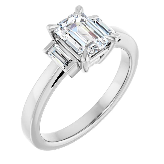 14K White Gold 1.20 CTW Emerald Three Stone Cathedral Lab Grown Diamond Engagement Ring
