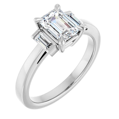 14K White Gold 1.20 CTW Emerald Three Stone Cathedral Lab Grown Diamond Engagement Ring