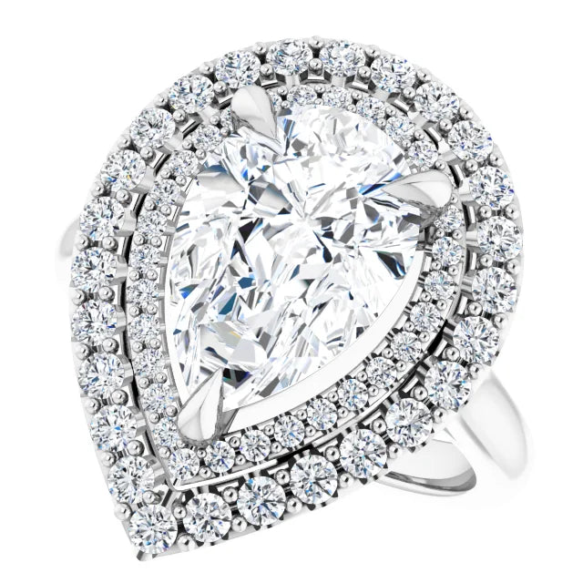 14K White Gold 1.20 CTW Pear Double Halo Pavé Diamond Engagement Ring