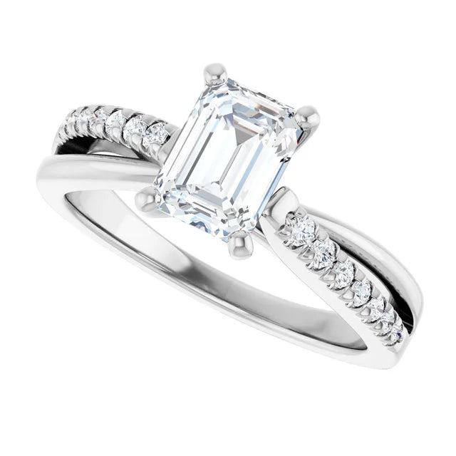 14K White Gold 1.24 CTW Emerald Solitaire Pavé Split Shank Lab Grown Diamond Engagement Ring