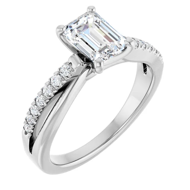 14K White Gold 1.24 CTW Emerald Solitaire Pavé Split Shank Lab Grown Diamond Engagement Ring