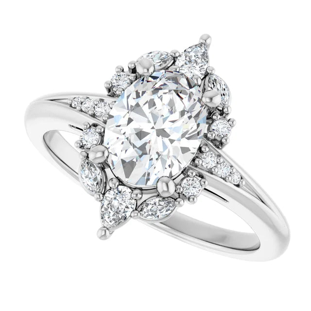 14K White Gold 1.43 CTW Oval Multi-Shape Cluster Diamond Engagement Ring