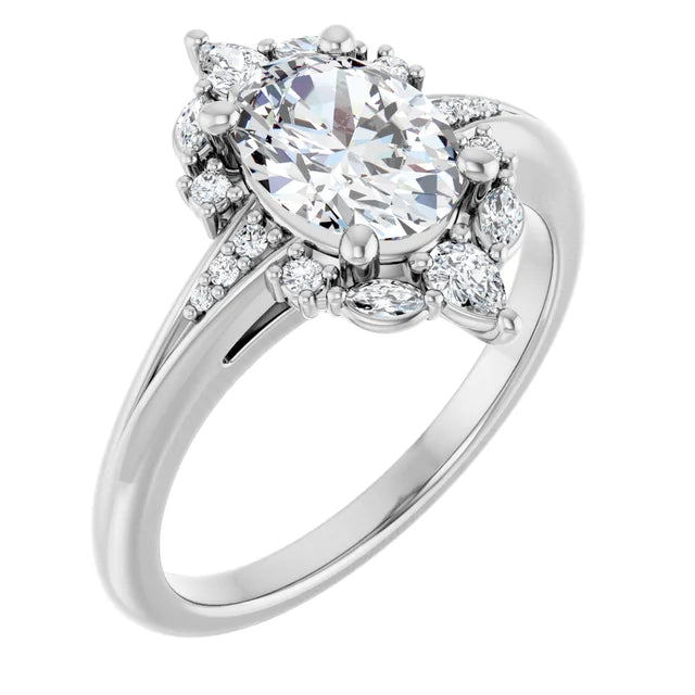 14K White Gold 1.43 CTW Oval Multi-Shape Cluster Diamond Engagement Ring