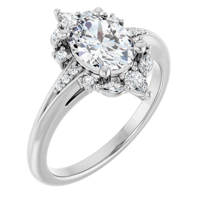 14K White Gold 1.43 CTW Oval Multi-Shape Cluster Diamond Engagement Ring
