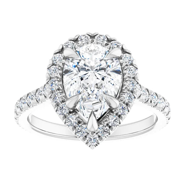 14K White Gold 1.27 CTW Pear Halo Pavé Diamond Engagement Ring