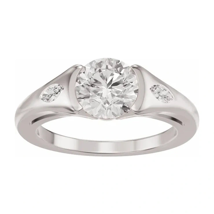 14K White Gold 1.33 CTW Round Bezel-Set Diamond Engagement Ring with Marquise Side Accents-diamondnetjewellery