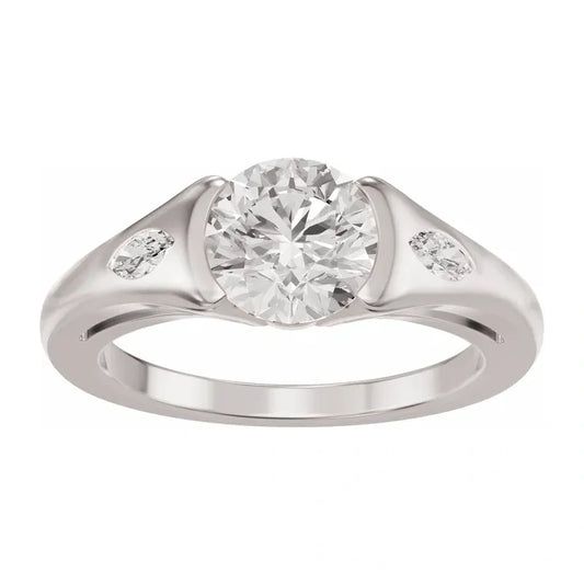 14K White Gold 1.33 CTW Round Bezel-Set Diamond Engagement Ring with Marquise Side Accents-diamondnetjewellery