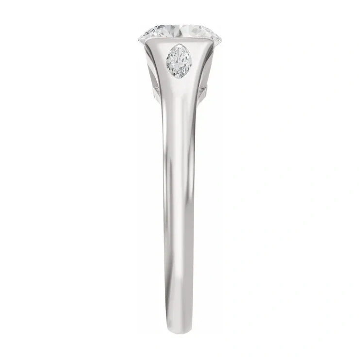 14K White Gold 1.33 CTW Round Bezel-Set Diamond Engagement Ring with Marquise Side Accents-diamondnetjewellery