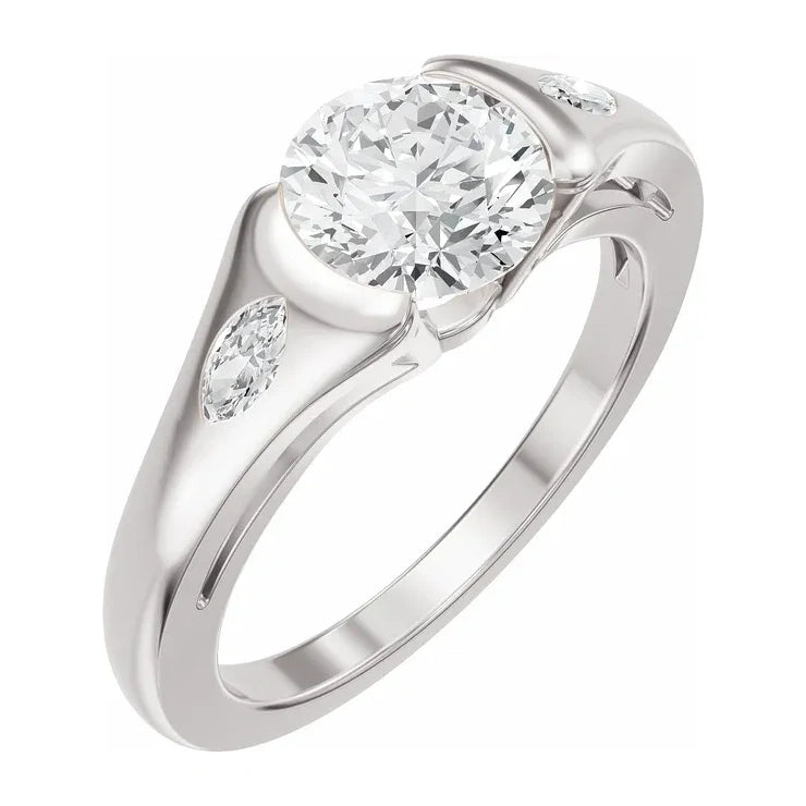 14K White Gold 1.33 CTW Round Bezel-Set Diamond Engagement Ring with Marquise Side Accents-diamondnetjewellery