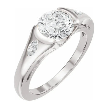 14K White Gold 1.33 CTW Round Bezel-Set Diamond Engagement Ring with Marquise Side Accents-diamondnetjewellery