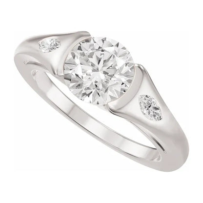 14K White Gold 1.33 CTW Round Bezel-Set Diamond Engagement Ring with Marquise Side Accents-diamondnetjewellery