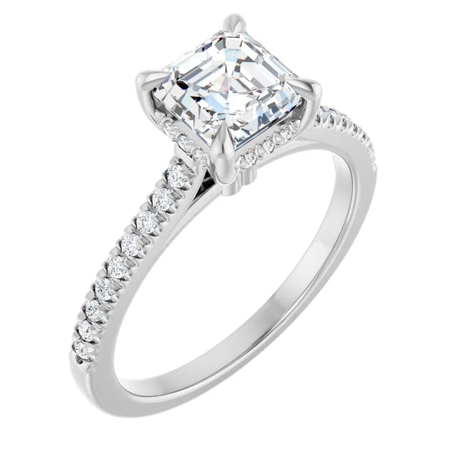 14K White Gold 1.40 CTW Asscher Hidden Halo Diamond Engagement Ring