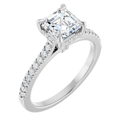 14K White Gold 1.40 CTW Asscher Hidden Halo Diamond Engagement Ring