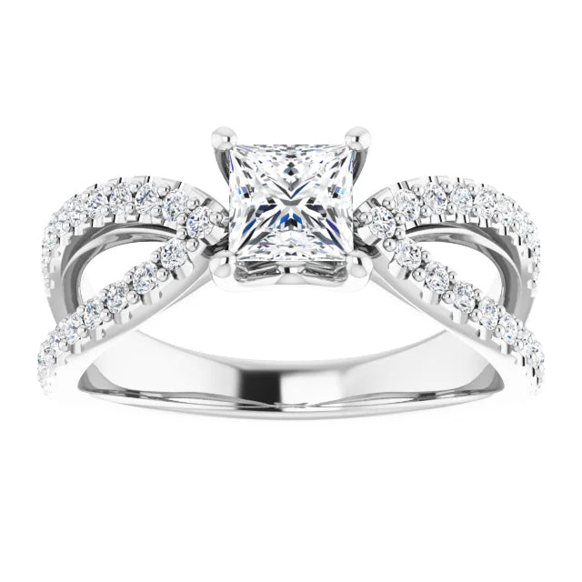 14K White Gold 1.41 CTW Princess Cut Split Shank Pavé Diamond Engagement Ring-diamondnetjewellery