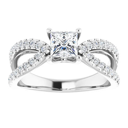 14K White Gold 1.41 CTW Princess Cut Split Shank Pavé Diamond Engagement Ring-diamondnetjewellery