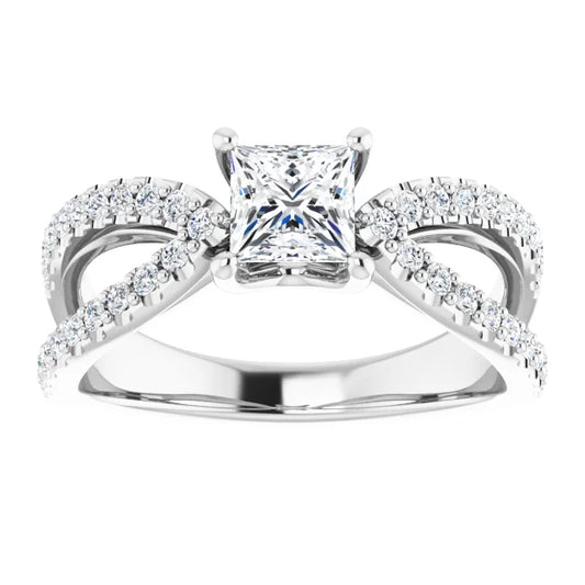 14K White Gold 1.41 CTW Princess Cut Split Shank Pavé Diamond Engagement Ring