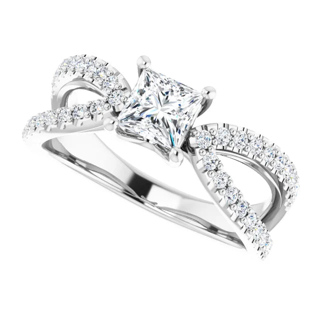 14K White Gold 1.41 CTW Princess Cut Split Shank Pavé Diamond Engagement Ring-diamondnetjewellery