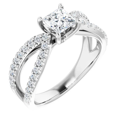 14K White Gold 1.41 CTW Princess Cut Split Shank Pavé Diamond Engagement Ring-diamondnetjewellery