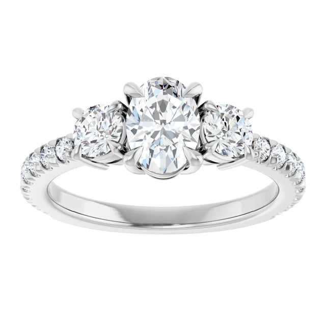 14K White Gold 1.42 CTW Oval Three-Stone Pavé Diamond Engagement Ring