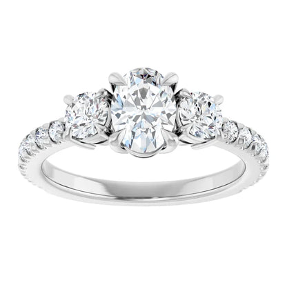 14K White Gold 1.42 CTW Oval Three-Stone Pavé Diamond Engagement Ring