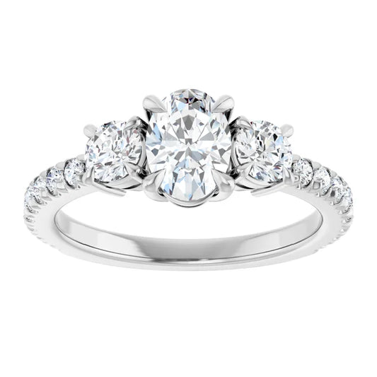 14K White Gold 1.42 CTW Oval Three-Stone Pavé Diamond Engagement Ring
