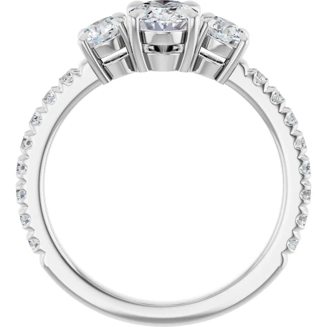 14K White Gold 1.42 CTW Oval Three-Stone Pavé Diamond Engagement Ring