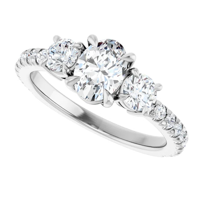 14K White Gold 1.42 CTW Oval Three-Stone Pavé Diamond Engagement Ring