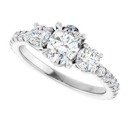 14K White Gold 1.42 CTW Oval Three-Stone Pavé Diamond Engagement Ring