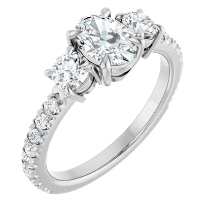 14K White Gold 1.42 CTW Oval Three-Stone Pavé Diamond Engagement Ring
