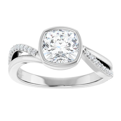 14K White Gold 1.53 CTW Cushion Bezel Set Split Shank Pavé Lab Grown Diamond Engagement Ring