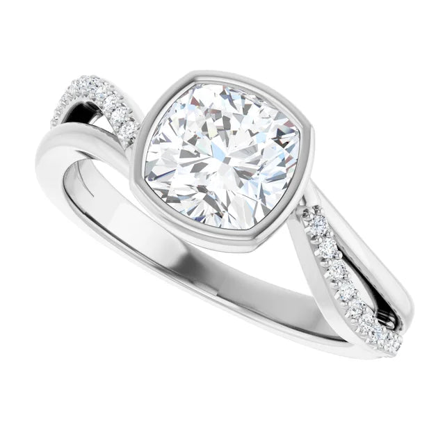 14K White Gold 1.53 CTW Cushion Bezel Set Split Shank Pavé Lab Grown Diamond Engagement Ring