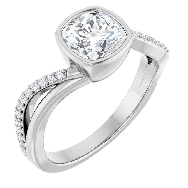 14K White Gold 1.53 CTW Cushion Bezel Set Split Shank Pavé Lab Grown Diamond Engagement Ring