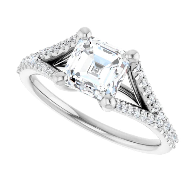 14K White Gold 1.54 CTW Asscher Split Shank Cathedral Diamond Engagement Ring