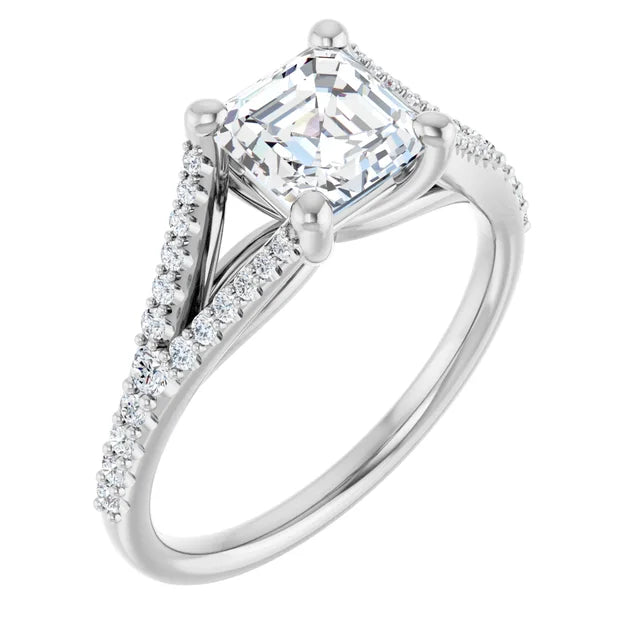 14K White Gold 1.54 CTW Asscher Split Shank Cathedral Diamond Engagement Ring